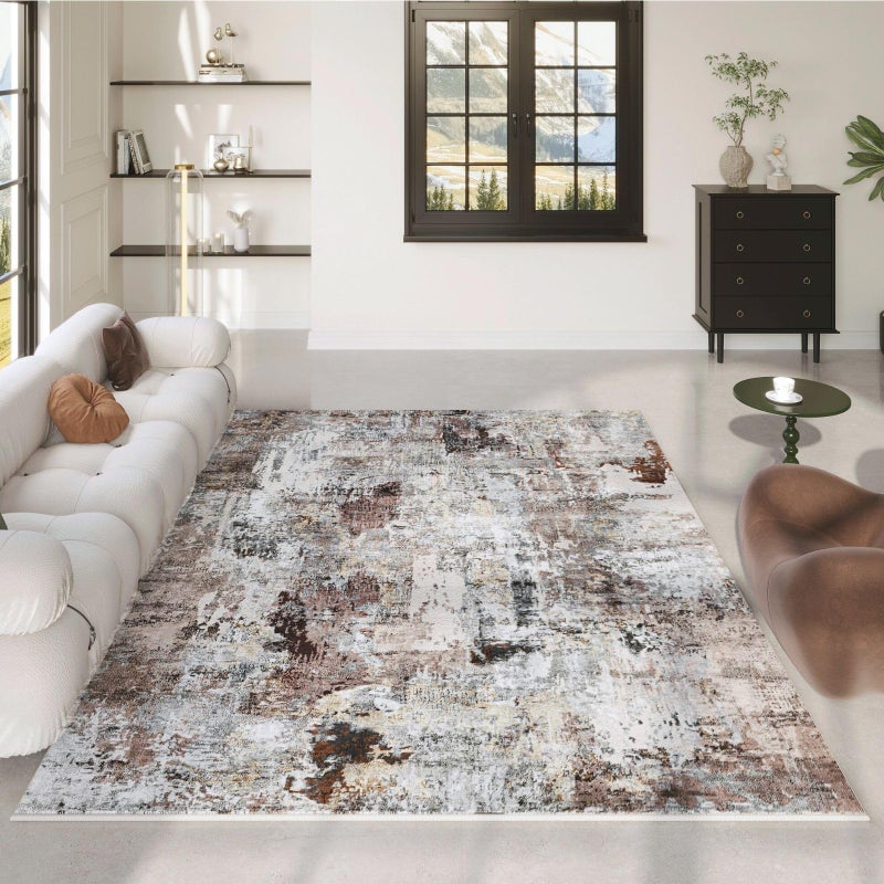 Rugcomf Modern Abstract 5'x7' Area Rugs - Machine Washable, Non-Slip Low Pile Boho Carpet for Living Room, Bedroom, Dining Room, Farmhouse, Kids Playroom, Office - Brown - Image 1