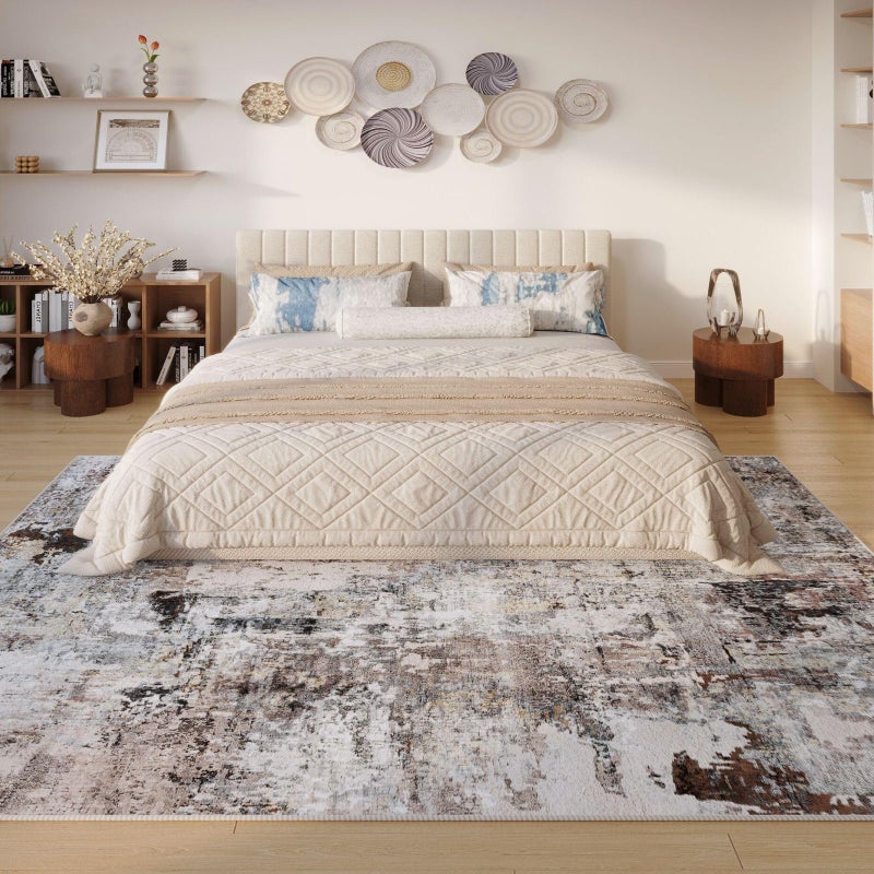Rugcomf Modern Abstract 5'x7' Area Rugs - Machine Washable, Non-Slip Low Pile Boho Carpet for Living Room, Bedroom, Dining Room, Farmhouse, Kids Playroom, Office - Brown - Image 2