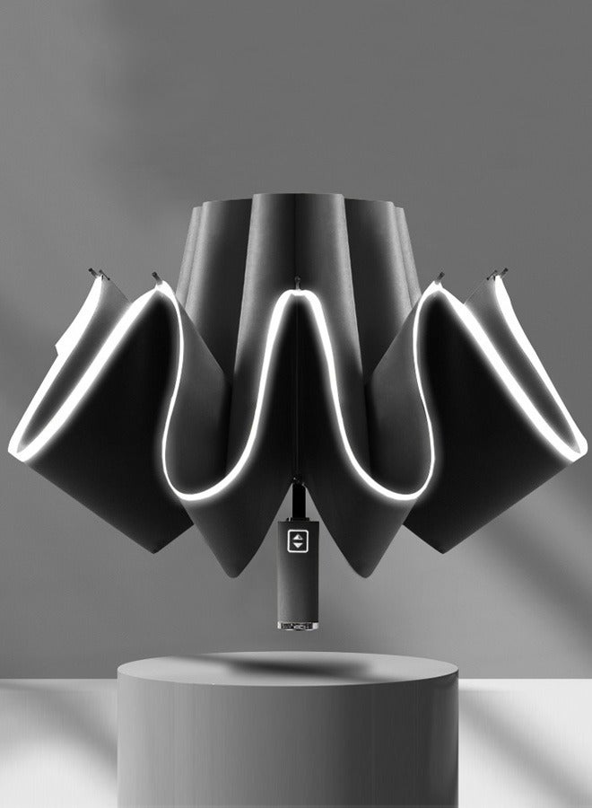 جوي شيك فتح/إغلاق تلقائي عكسي قابل للطي مقاوم للرياح ومضاد للمطر ومضاد للأشعة فوق البنفسجية مظلة سفر شريط عاكس مقلوب للرجال والنساء والبالغين باللون الأسود - Image 1