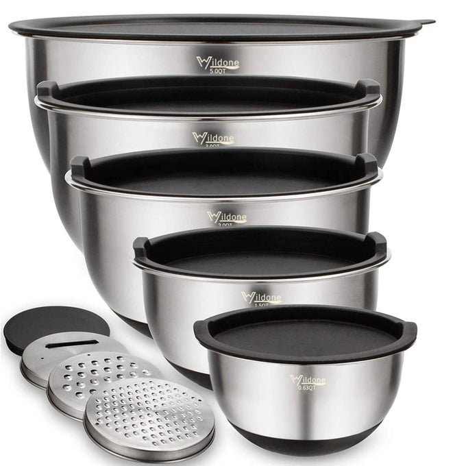 MIXING BOWLS WITH AIRTIGHT LIDS SET 5PCS STAINLESS STEEL NESTING BOWLS FOR KITCHEN WITH GRATER ATTACHMENTS NONSLIP BOTTOMS SIZE 5 3 2 15 063 QT GREAT FOR MIXING SERVING