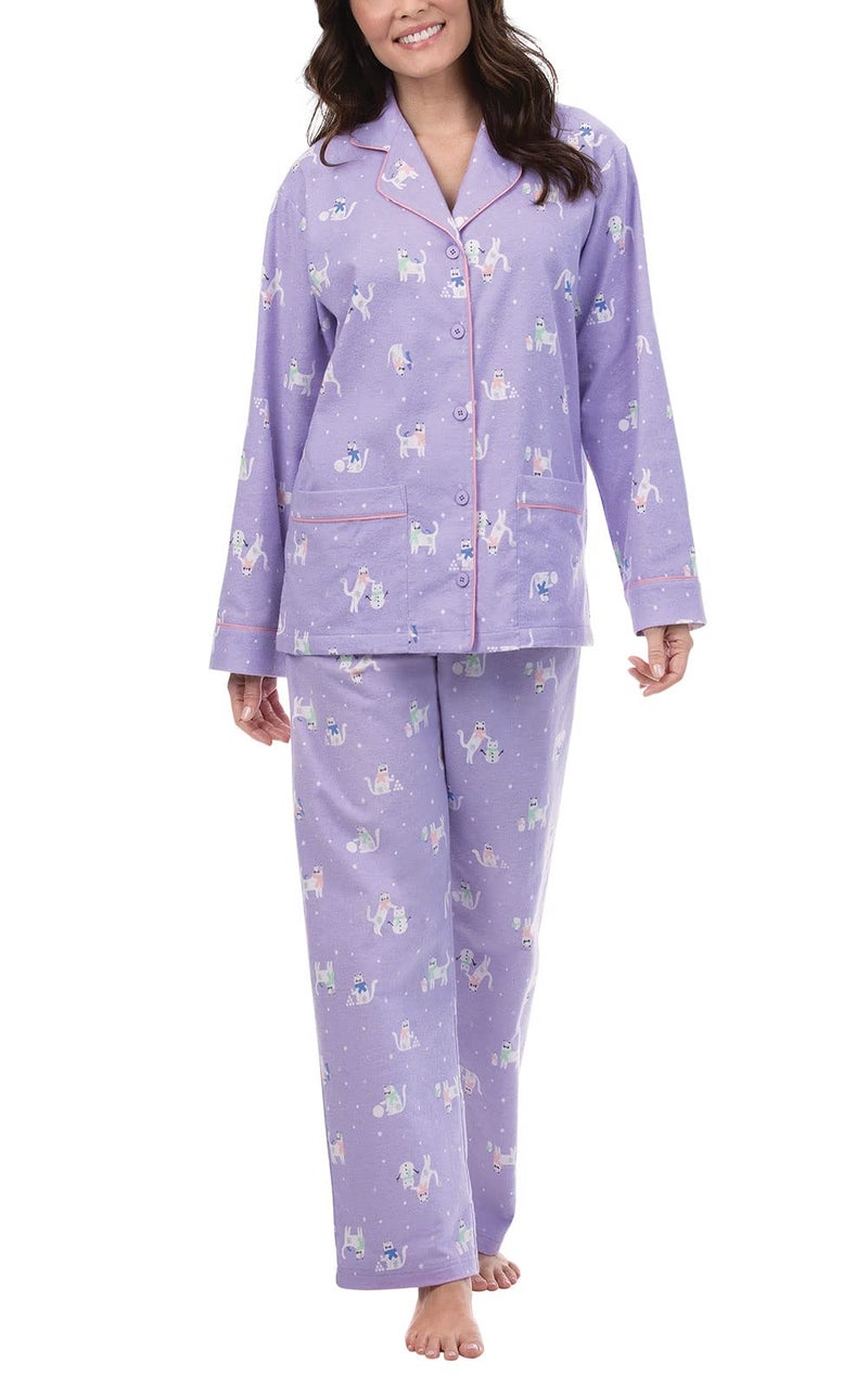 PajamaGram Cat Pajamas For Women Flannel Womens Pajamas Lavender Cats MD - Image 2