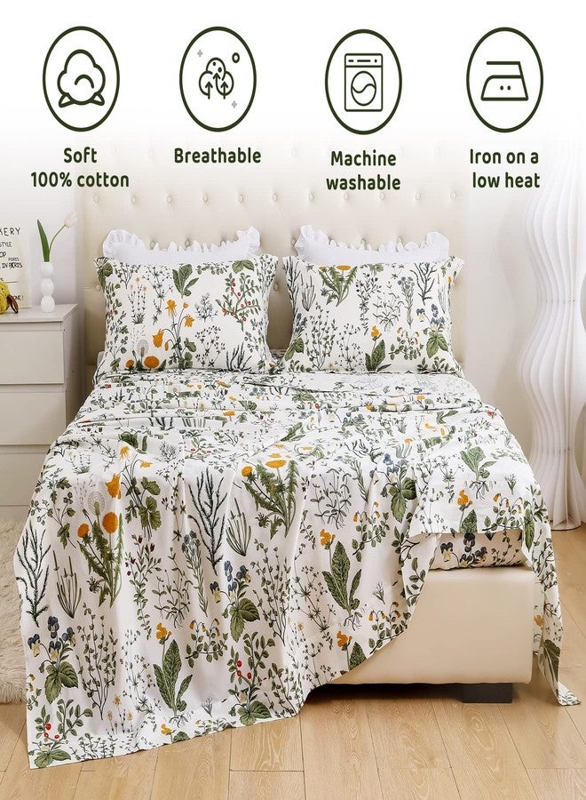 QSH 100% Cotton Sheets for King Size Bed, Yellow Flowers Plant Pattern Botanical Luxury Cotton Printed Floral Bedding King Size Sheet with Deep Pockets 17" Soft and Breathable 4pcs - Image 3