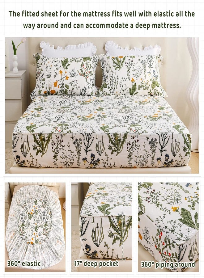 QSH 100% Cotton Sheets for King Size Bed, Yellow Flowers Plant Pattern Botanical Luxury Cotton Printed Floral Bedding King Size Sheet with Deep Pockets 17" Soft and Breathable 4pcs - Image 4