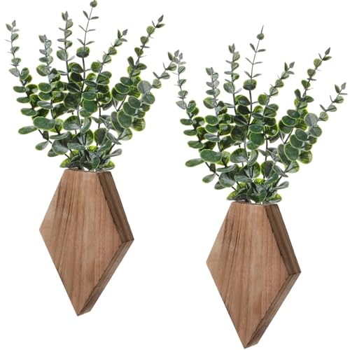 Chunful 2 Pcs Wooden Wall Planter Decor Hanging Fake Plants Greenery Flowers Holder Vase Boxes for Wall Bohemian Farmhouse Room Kitchen Office Indoor DecorationWooden Color71 x 47 x 12 Inches - Image 1