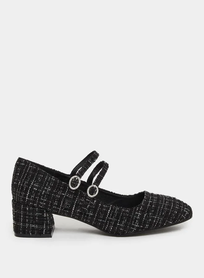 Styli Styli Black Tweed Block Heel Mary Jane Shoes