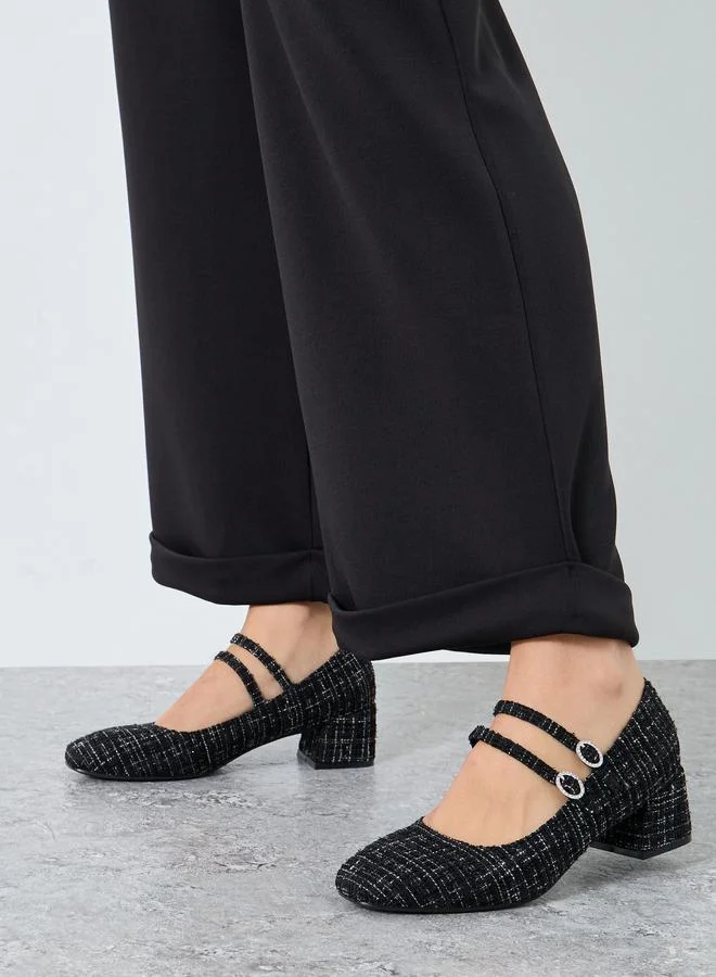 Styli Styli Black Tweed Block Heel Mary Jane Shoes