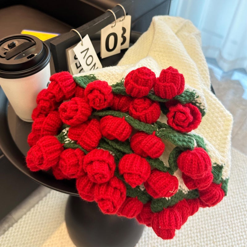 Celiseaya Decorative Knit Throw Blanket with Red Rose Border, White Wearable Shawl for Women (Red, 110cm) - Image 4