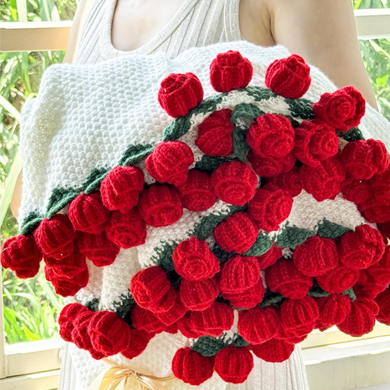 Celiseaya Decorative Knit Throw Blanket with Red Rose Border, White Wearable Shawl for Women (Red, 110cm) - Image 5