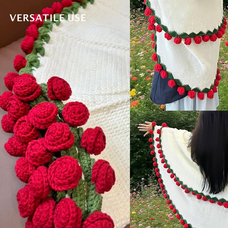 Celiseaya Decorative Knit Throw Blanket with Red Rose Border, White Wearable Shawl for Women (Red, 110cm) - Image 3