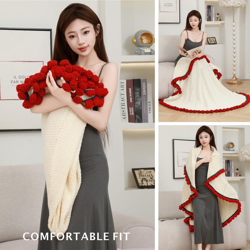Celiseaya Decorative Knit Throw Blanket with Red Rose Border, White Wearable Shawl for Women (Red, 110cm) - Image 2