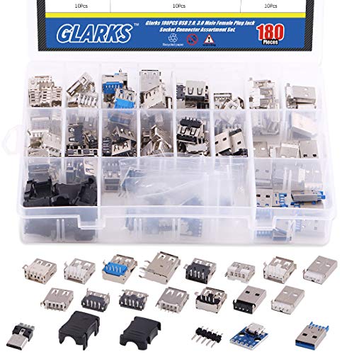 Glarks 180Pcs Micro Sockets USB 2.0 3.0 Type A Male Female Plug Connector Jack Solder USB Repair Replacement Adapter Assortment Set - Image 1