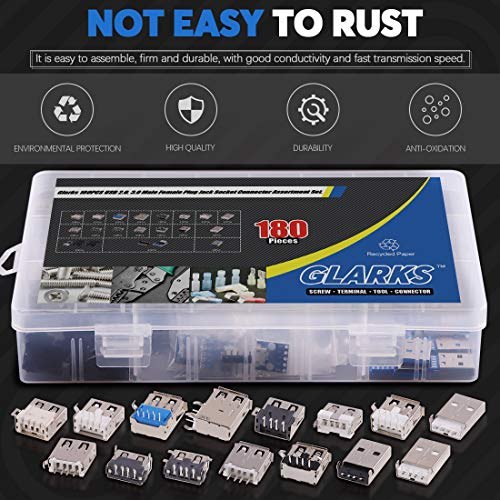 Glarks 180Pcs Micro Sockets USB 2.0 3.0 Type A Male Female Plug Connector Jack Solder USB Repair Replacement Adapter Assortment Set - Image 3
