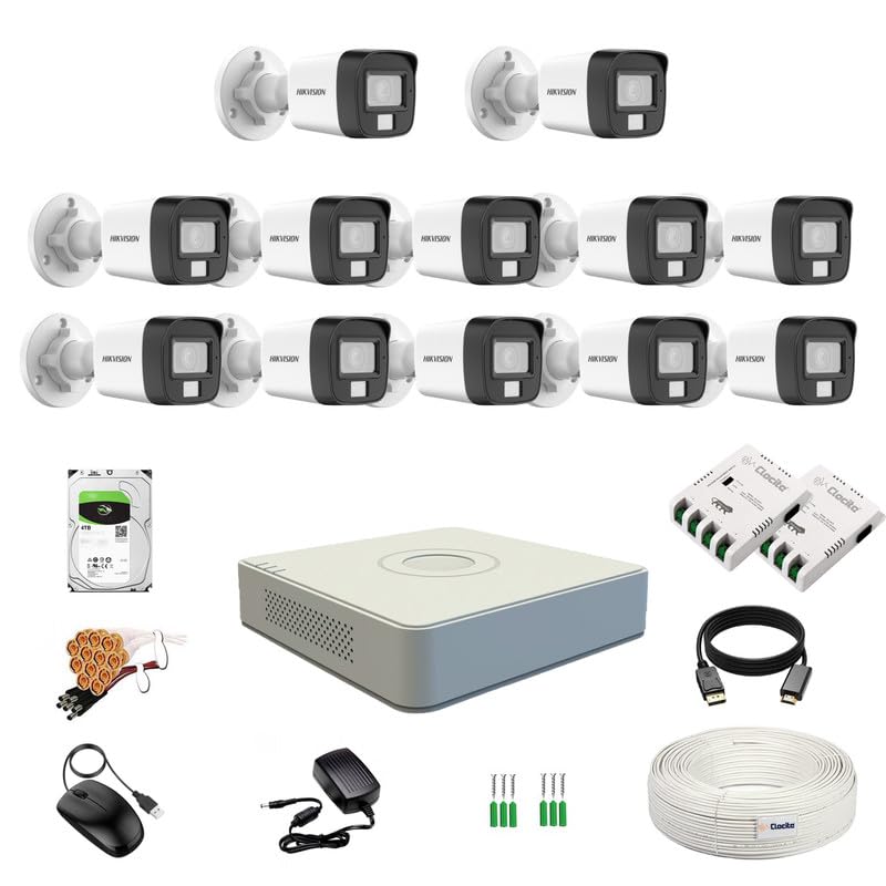 Clocite HIKVISION Full HD 16 CH DVR, 2 MP 12 Bullet Cameras [Color Night Vision + Built-in Audio MIC + Smart Dual Light + Motion Detection] + 4 TB HDD 8 CH SMPS 2 Nos + CCTV Cable + BNC & DC - Image 1