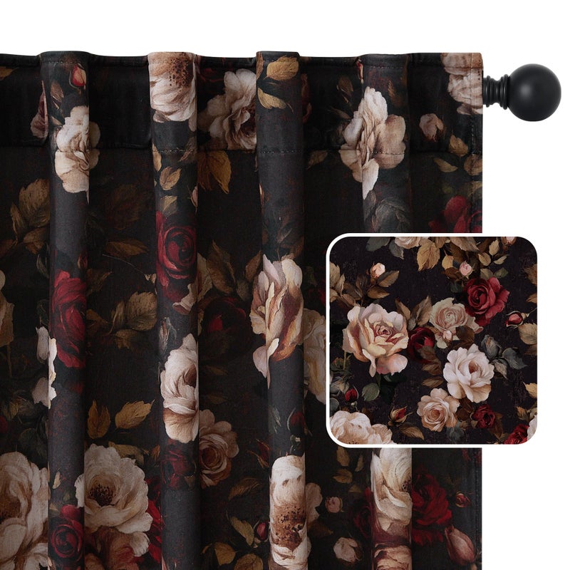 StangH Floral Black Curtains 84 inches Long, Luxury Velvet Bedroom Drapes with Printed Blossom Romantic Decorative Patterned Window Treatments for Sliding Door, W52 x L84, 2 Panels - Image 1