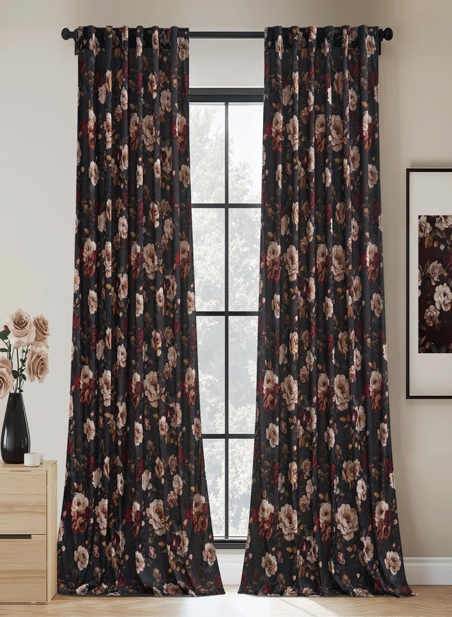 StangH Floral Black Curtains 84 inches Long, Luxury Velvet Bedroom Drapes with Printed Blossom Romantic Decorative Patterned Window Treatments for Sliding Door, W52 x L84, 2 Panels - Image 2