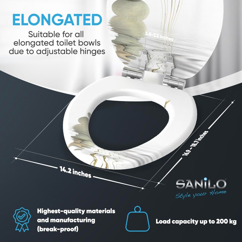 SANILO Wooden Toilet Seat with Soft Close [ELONGATED] - Decorative, Quiet & Slow Close Molded Wood Seat - With Strong Bumpers & Hinges - Adjustable Fit - Balance - Image 4