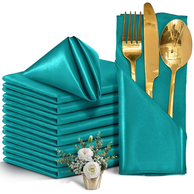 Eychei 50 Pieces Teal Satin Napkins  17"" x 17"" Square Table Napkins  Silky Soft Smooth Washable Napkins for Restaurant  Weddings  Dinner  Party Decoration - Image 1