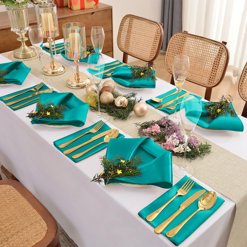 Eychei 50 Pieces Teal Satin Napkins  17"" x 17"" Square Table Napkins  Silky Soft Smooth Washable Napkins for Restaurant  Weddings  Dinner  Party Decoration - Image 3