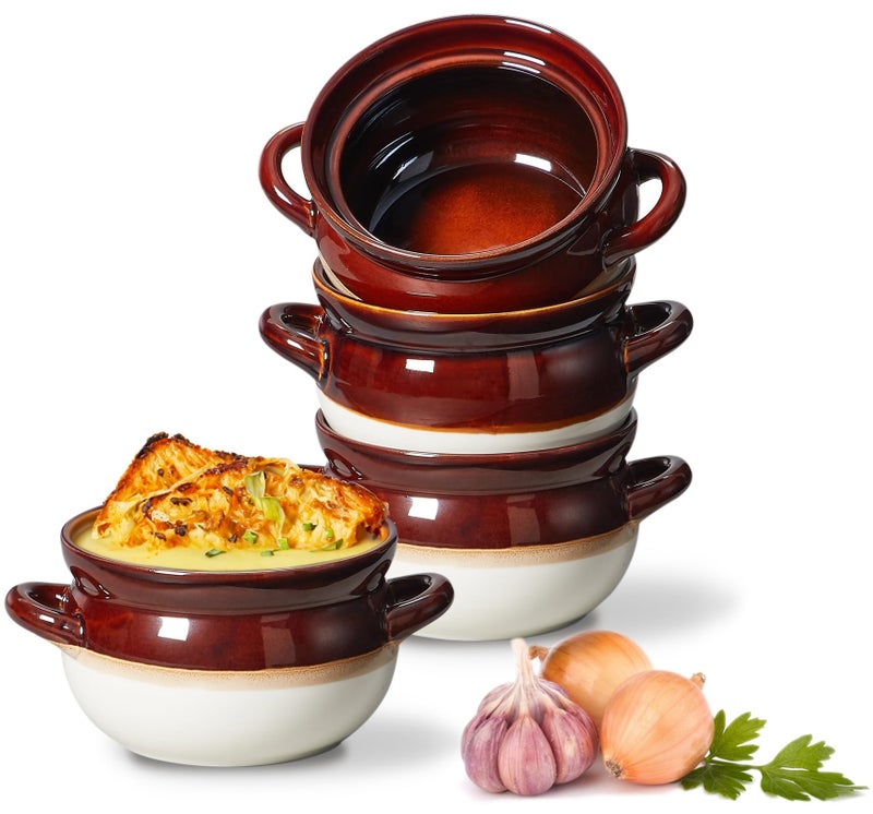 ONEMORE French Onion Soup Bowls Set of 4, 28oz - Oven Safe Large Ceramic Soup Crocks with Handles for Chili, Beef Stew & Cereal - Microwave, Broil & Dishwasher Safe, Oven to Table - Image 1