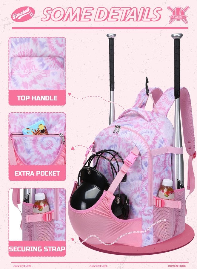 FOKDUVB Baseball Softball Backpack for Kids Boys Girls 6-8 8-12 12-14 Large Youth Bat Bag for Gear Storage Baseball Softball Tball Equipment Back Pack with Separate Shoe Bag (Pink/White, Tie-Dye) - Image 3