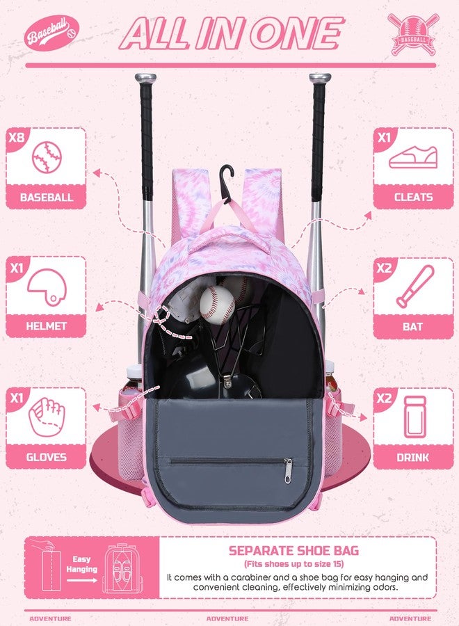 FOKDUVB Baseball Softball Backpack for Kids Boys Girls 6-8 8-12 12-14 Large Youth Bat Bag for Gear Storage Baseball Softball Tball Equipment Back Pack with Separate Shoe Bag (Pink/White, Tie-Dye) - Image 2