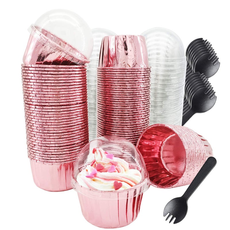 Free Air Cupcake Liners with Dome Lids 100Pack,Free-Air 3.5Oz Mini Foil Baking Cups Muffin Liners,Disposable Muffin Tin Cupcake Cups for Individual Bakery Wedding Birthday Party, with Spoons-Rose gold - Image 1