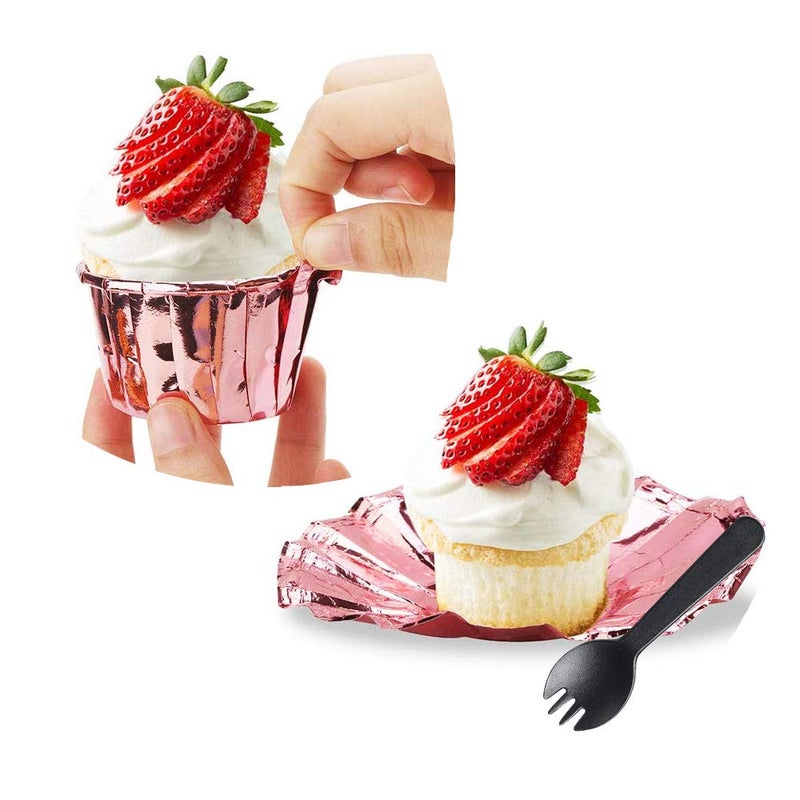 Free Air Cupcake Liners with Dome Lids 100Pack,Free-Air 3.5Oz Mini Foil Baking Cups Muffin Liners,Disposable Muffin Tin Cupcake Cups for Individual Bakery Wedding Birthday Party, with Spoons-Rose gold - Image 5