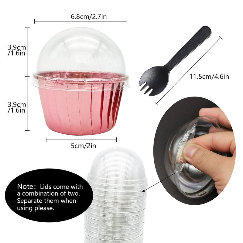 Free Air Cupcake Liners with Dome Lids 100Pack,Free-Air 3.5Oz Mini Foil Baking Cups Muffin Liners,Disposable Muffin Tin Cupcake Cups for Individual Bakery Wedding Birthday Party, with Spoons-Rose gold - Image 2