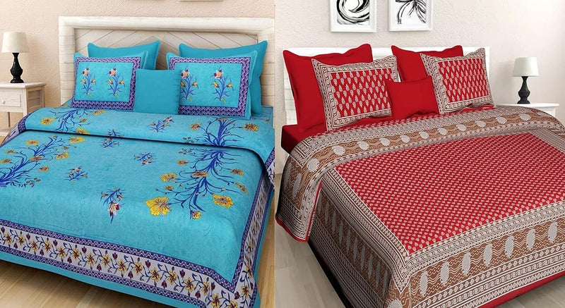 BedZone 100 Cotton Rajasthani Printed King Size bedsheets Combo Double Bed Set 2 Double Bedsheet with 4 Pillow Cover Multicolour31 - Image 1