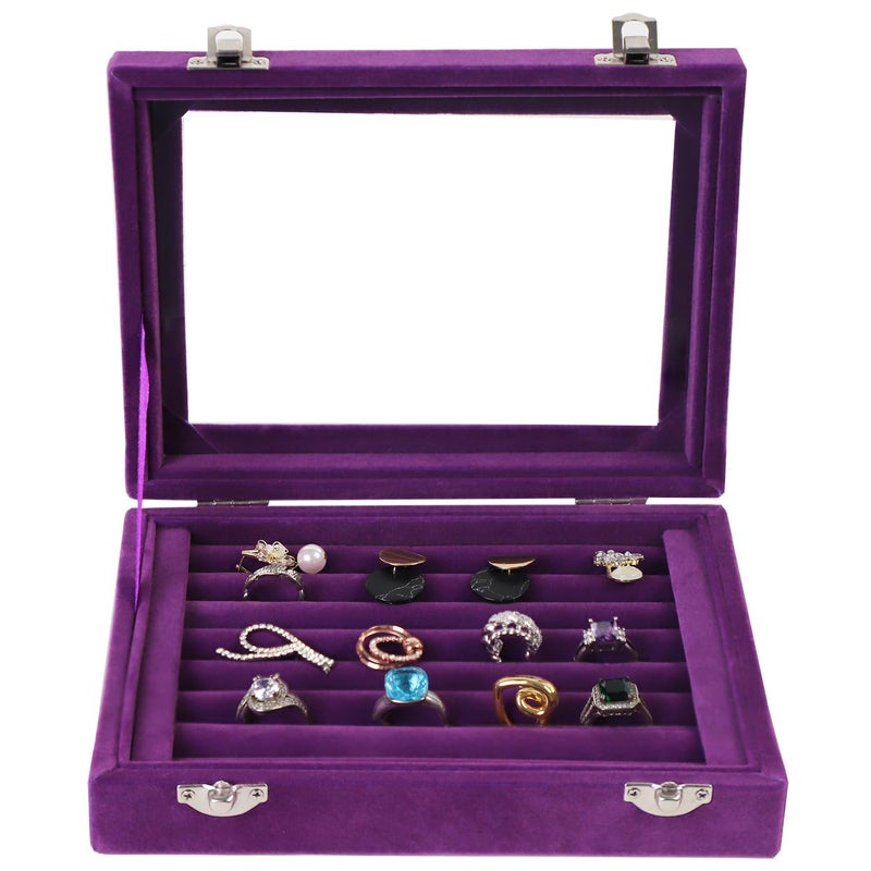 EONGOA Jewelry Box Rings Organizer Tray 7 Slots Velvet Jewelry Earring Storage Box With Transparent Lid Jewelry Display Case for Girls Women (Purple) - Image 2