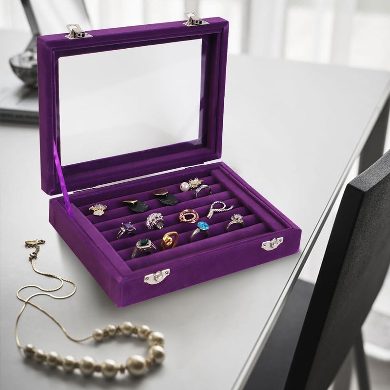 EONGOA Jewelry Box Rings Organizer Tray 7 Slots Velvet Jewelry Earring Storage Box With Transparent Lid Jewelry Display Case for Girls Women (Purple) - Image 4