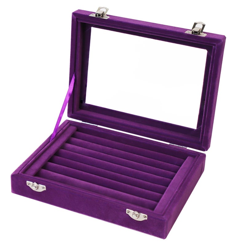 EONGOA Jewelry Box Rings Organizer Tray 7 Slots Velvet Jewelry Earring Storage Box With Transparent Lid Jewelry Display Case for Girls Women (Purple) - Image 1