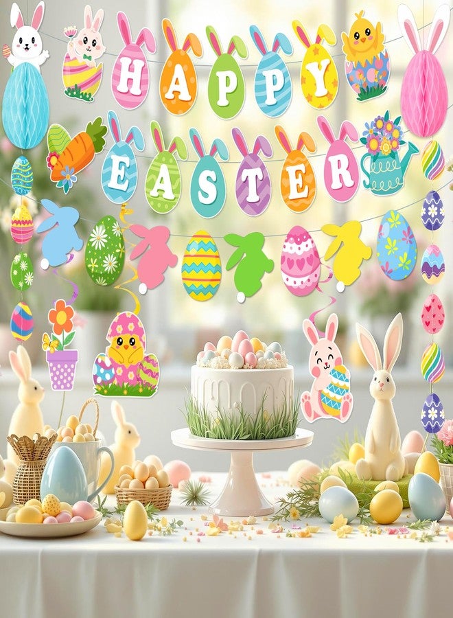 Bolake Easter Decorations for Home Easter Party Decorations Includes Happy Easter Banner Easter Garland Egg Bunny Easter Hanging Decorations Swirls Honeycomb Balls for Holiday Party Home Classroom Office - Image 3