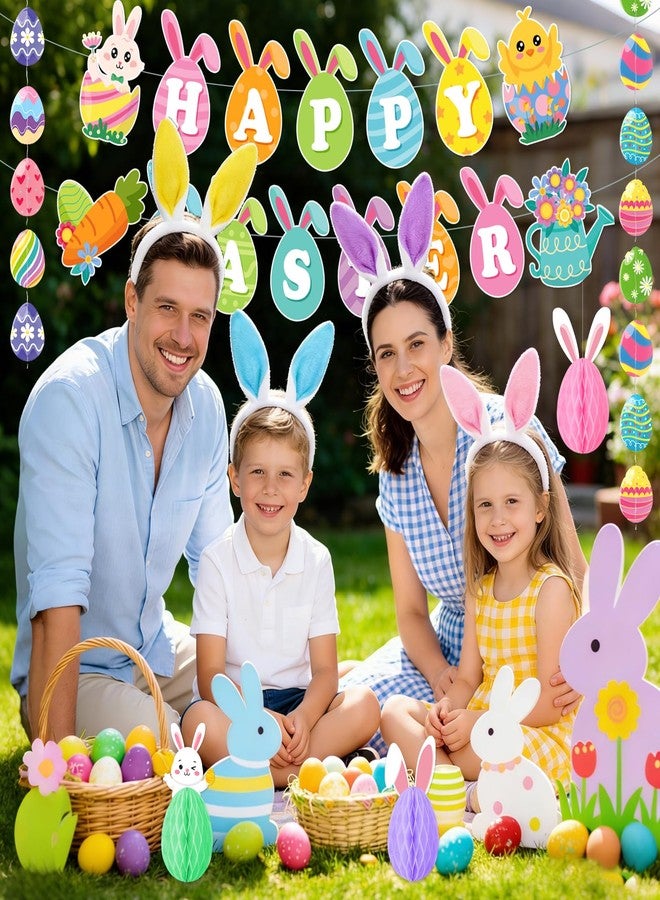 Bolake Easter Decorations for Home Easter Party Decorations Includes Happy Easter Banner Easter Garland Egg Bunny Easter Hanging Decorations Swirls Honeycomb Balls for Holiday Party Home Classroom Office - Image 5