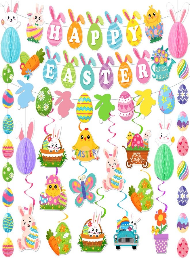 Bolake Easter Decorations for Home Easter Party Decorations Includes Happy Easter Banner Easter Garland Egg Bunny Easter Hanging Decorations Swirls Honeycomb Balls for Holiday Party Home Classroom Office - Image 1