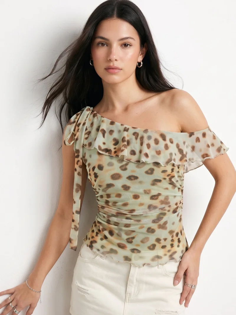 Outzidr  Multi Animal Print Asymmetric Ruffle Top for Women | Best Price UAE
