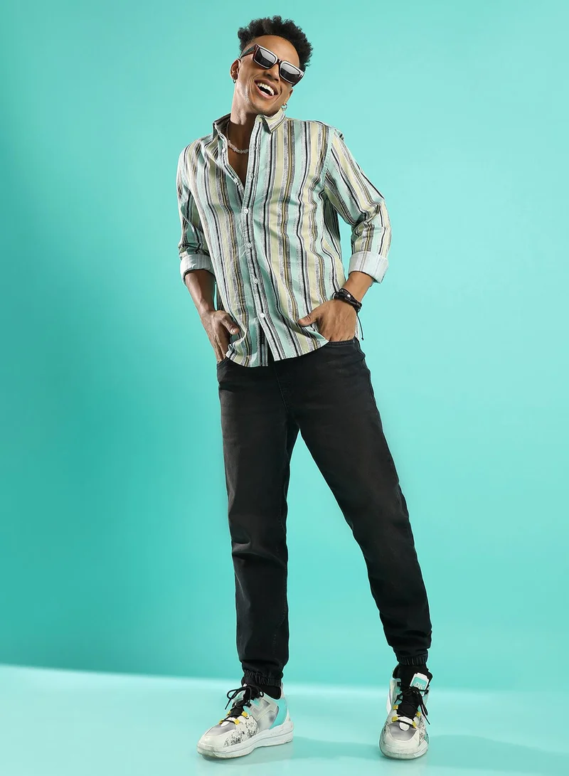 Campus Sutra Men's Mint Green Faded Barcode Striped Shirt