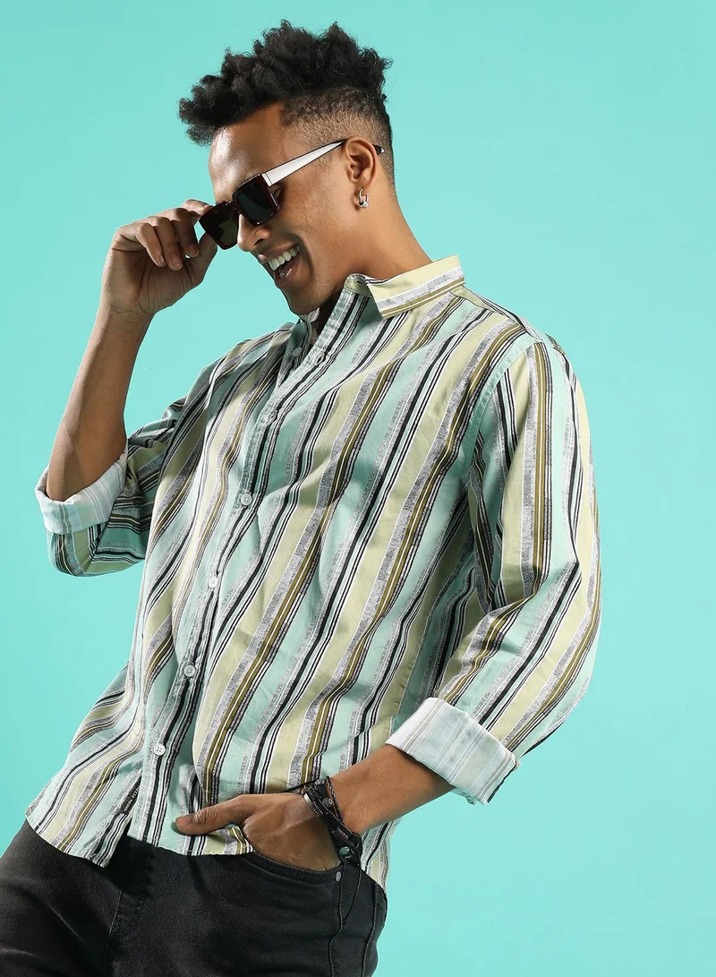 Campus Sutra Men's Mint Green Faded Barcode Striped Shirt
