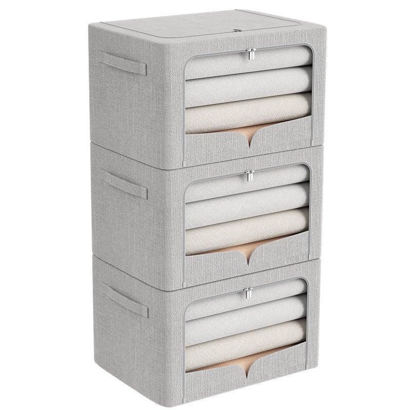 3 Pack Clothes Storage Bins Foldable Metal Frame Storage Box Stackable Linen Fabric Organizer Set with Carrying Handles and Clear Window Light Gray 157x118x78inch22L