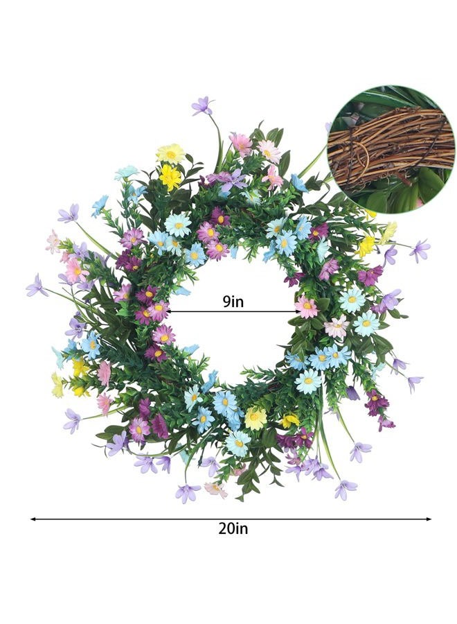 Kmise 20" Summer Wreaths for Front Door, Artificial Colorful Flower Wreath with Daisy for Indoor Outdoor Home Farmhouse Wall Wedding Holiday Décor - Image 2