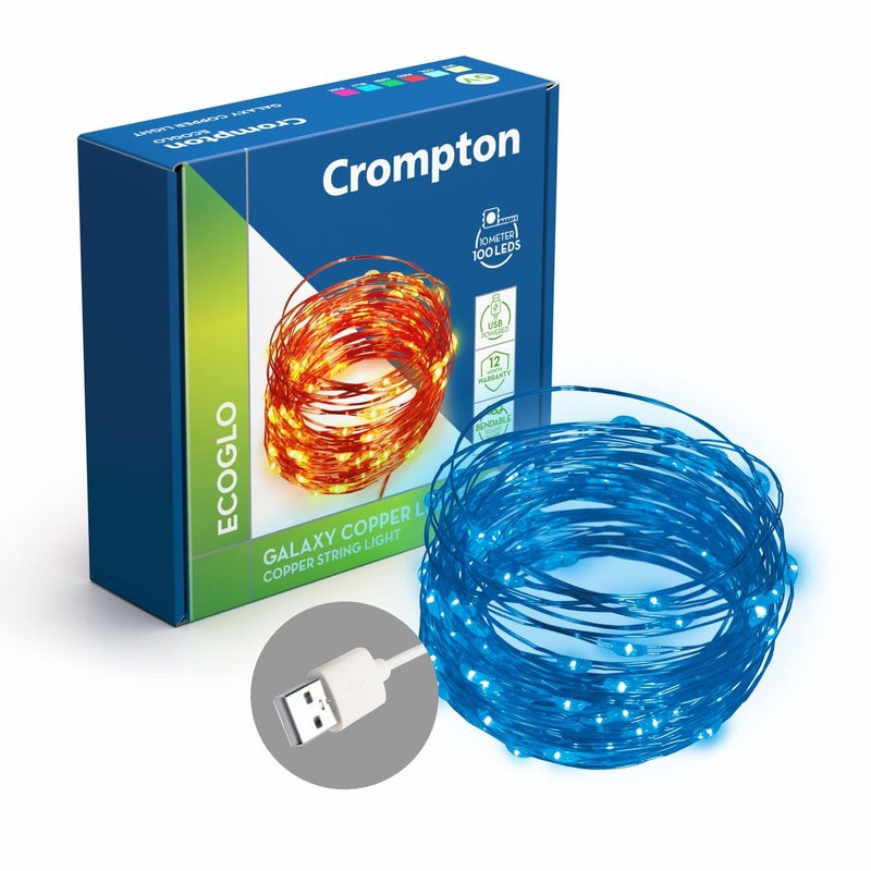 Crompton Galaxy Decoration Copper USB Powered String Fairy Lights with 100 Led Light (10 Meters/ 32 Feet, Blue, Pack of 1) - Image 2