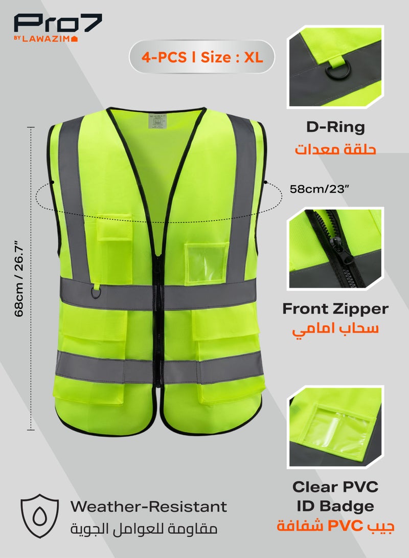 LAWAZIM PRO7 Multi-Pocket - High Visibility Safety Vest - 4 Pack, EN 471 Hi-Vis Reflective Mesh Vest for Men & Women, 5 Pockets, Front Zipper for Construction & Roadwork - Yellow, XL, 160g - Image 2