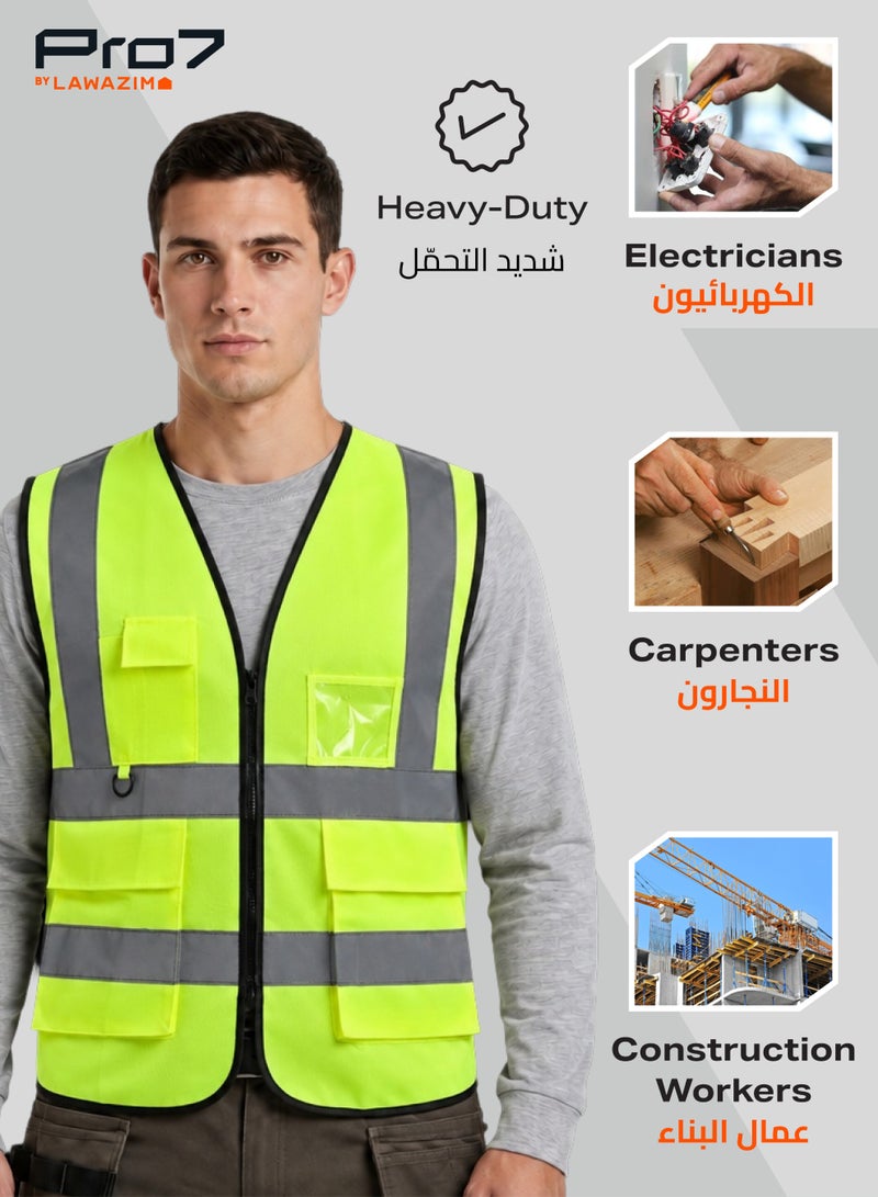 LAWAZIM PRO7 Multi-Pocket - High Visibility Safety Vest - 4 Pack, EN 471 Hi-Vis Reflective Mesh Vest for Men & Women, 5 Pockets, Front Zipper for Construction & Roadwork - Yellow, XL, 160g - Image 4