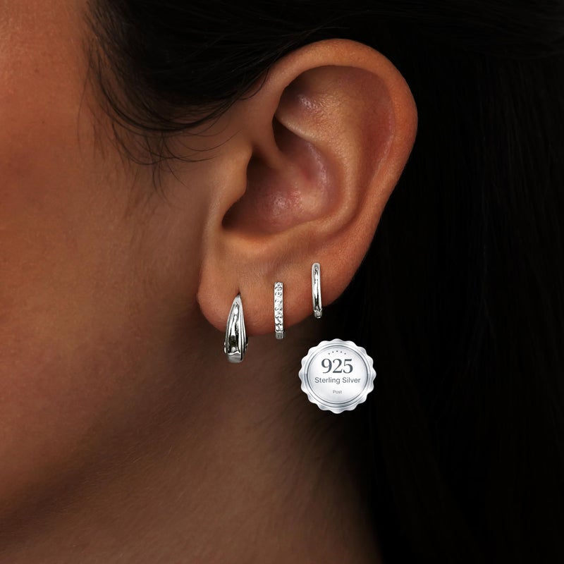 Poxtex Small Sterling Silver Huggie Hoop Earrings Set for Women, Hypoallergenic Trendy Hoops Stacks for Multiple Piercings, Dainty Cute Mini Lightweight Cartilage Helix Jewelry Gift Sensitive Ears - Image 2