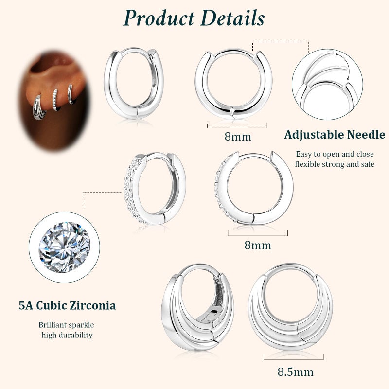 Poxtex Small Sterling Silver Huggie Hoop Earrings Set for Women, Hypoallergenic Trendy Hoops Stacks for Multiple Piercings, Dainty Cute Mini Lightweight Cartilage Helix Jewelry Gift Sensitive Ears - Image 5