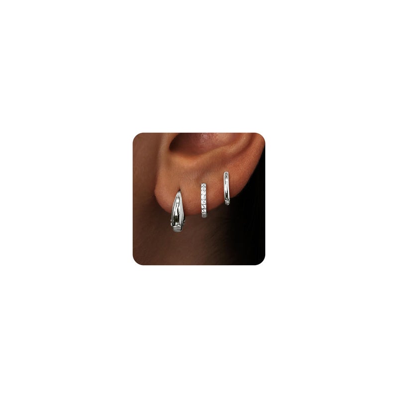 Poxtex Small Sterling Silver Huggie Hoop Earrings Set for Women, Hypoallergenic Trendy Hoops Stacks for Multiple Piercings, Dainty Cute Mini Lightweight Cartilage Helix Jewelry Gift Sensitive Ears - Image 1