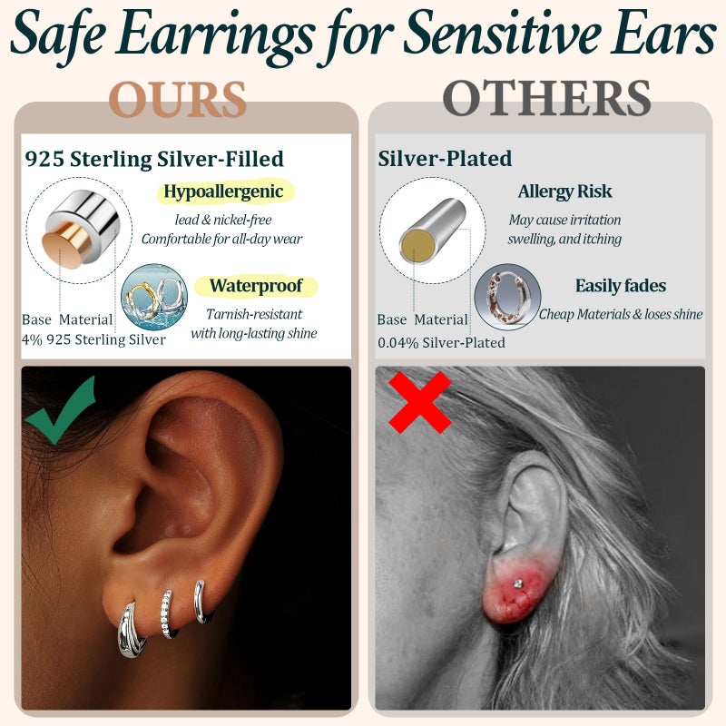 Poxtex Small Sterling Silver Huggie Hoop Earrings Set for Women, Hypoallergenic Trendy Hoops Stacks for Multiple Piercings, Dainty Cute Mini Lightweight Cartilage Helix Jewelry Gift Sensitive Ears - Image 3
