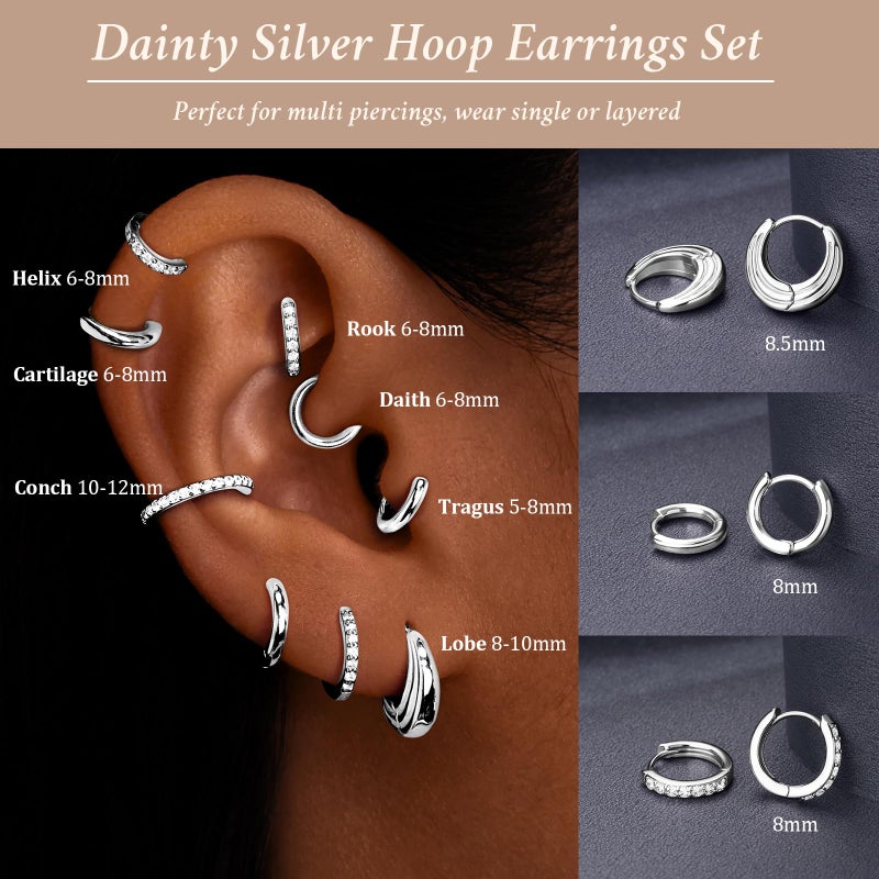 Poxtex Small Sterling Silver Huggie Hoop Earrings Set for Women, Hypoallergenic Trendy Hoops Stacks for Multiple Piercings, Dainty Cute Mini Lightweight Cartilage Helix Jewelry Gift Sensitive Ears - Image 4