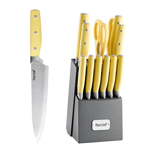 hecef Kitchen Knife Block Set, 14 Pieces Knife Set with Wooden Block & Sharpener Steel & All-purpose Scissors, High Carbon Stainless Steel Cutlery Set (Yellow) - Image 1