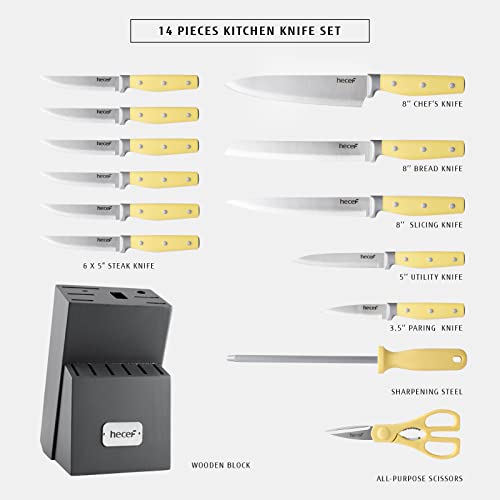 hecef Kitchen Knife Block Set, 14 Pieces Knife Set with Wooden Block & Sharpener Steel & All-purpose Scissors, High Carbon Stainless Steel Cutlery Set (Yellow) - Image 2